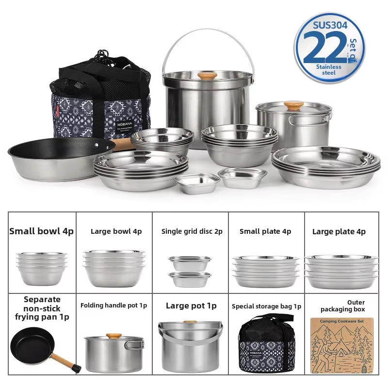 Camping Cooking Organizer - NOBANA ใหม่ล่าสุดกลางแจ้งชุดหม้อสแตนเลส Camping ครอบครัวชุดหม้อ 5L แบบพกพาปิคนิคซุปหม้อทอดนึ่งหม้อในครัวเรือน
